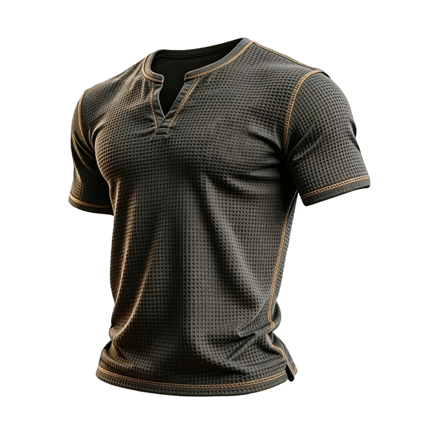 Men's Charcoal Waffle Knit Notch Neck Short Sleeve T-Shirt