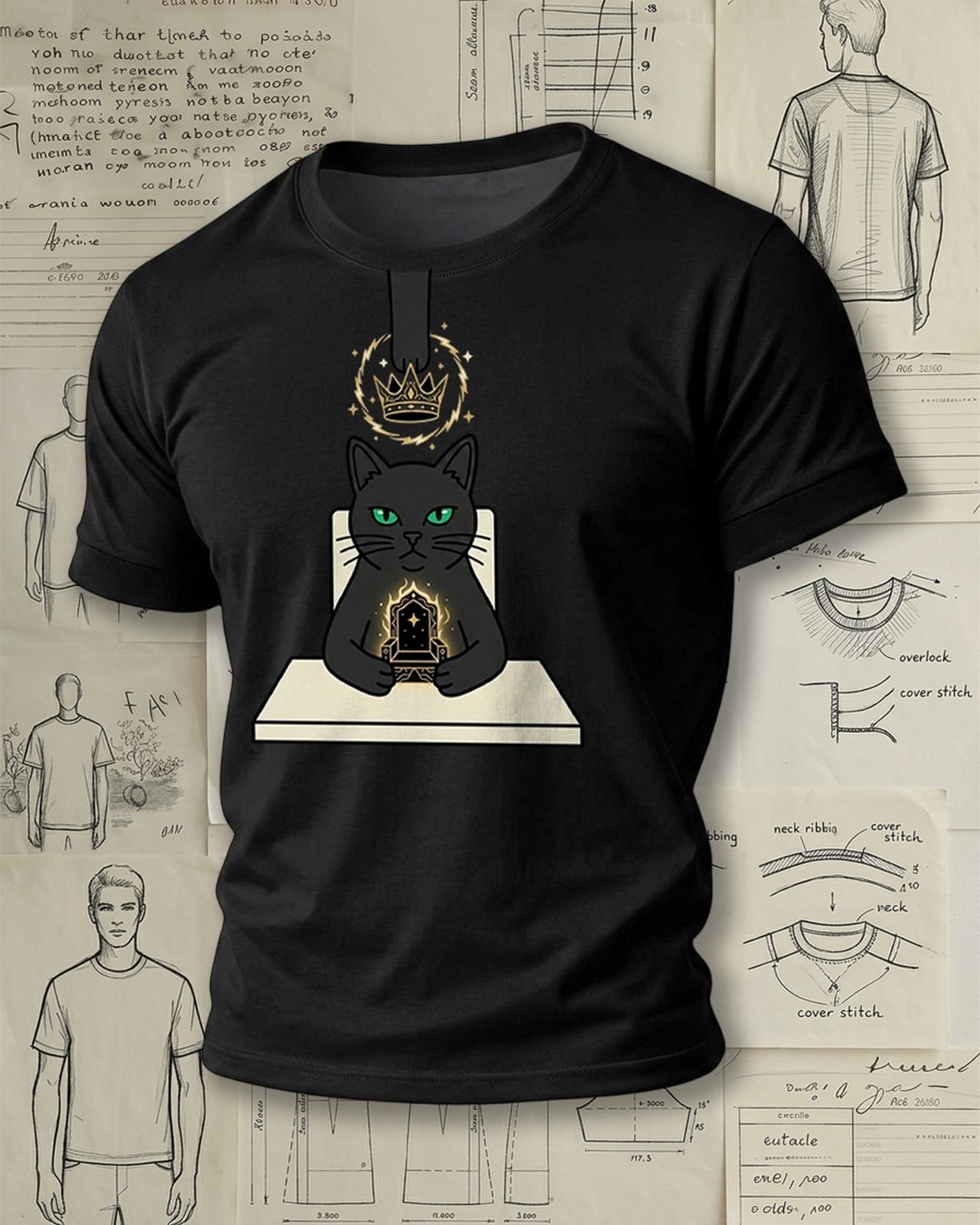 Black Cat Holding Throne with Crown Print Retro Cool Unisex T-Shirt
