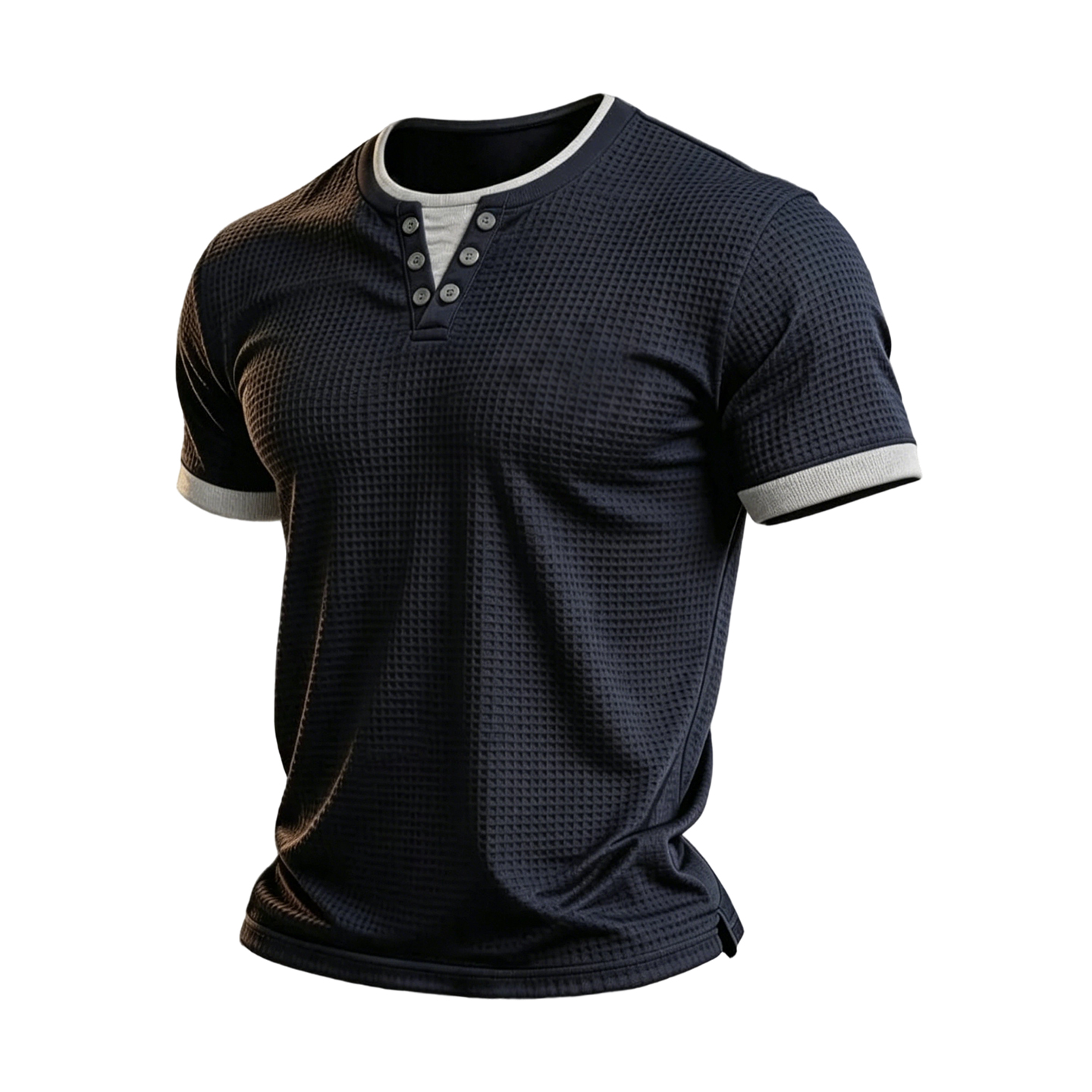 Men's Navy Waffle Knit Henley T-Shirt with Contrast Trim