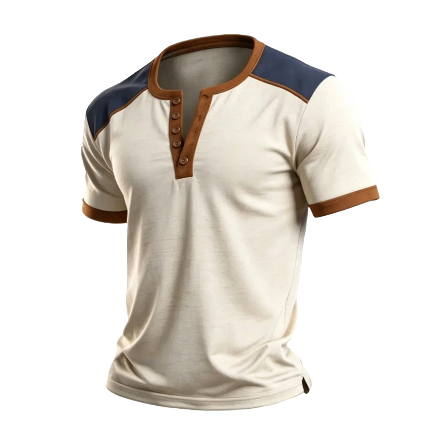 Men's Off-White Color Block Henley T-Shirt with Tan & Navy Accents