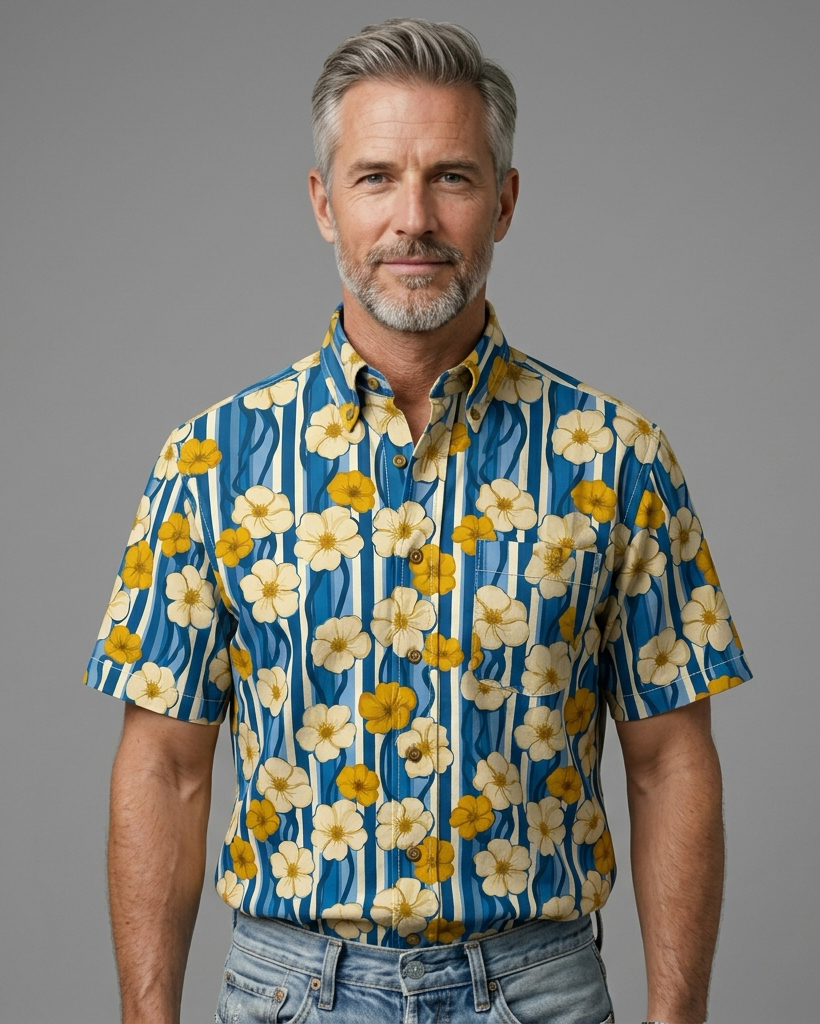 Men's Blue Base Yellow-White Floral Stripe Print Short Sleeve Turn-Down Collar Casual Shirt
