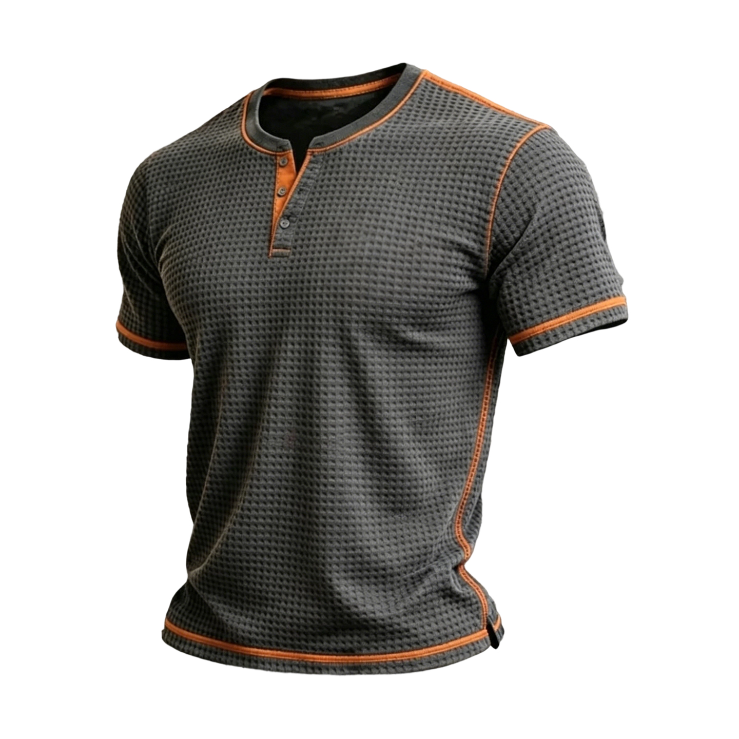 Men's Charcoal Waffle Knit Henley T-Shirt with Orange Contrast Trim