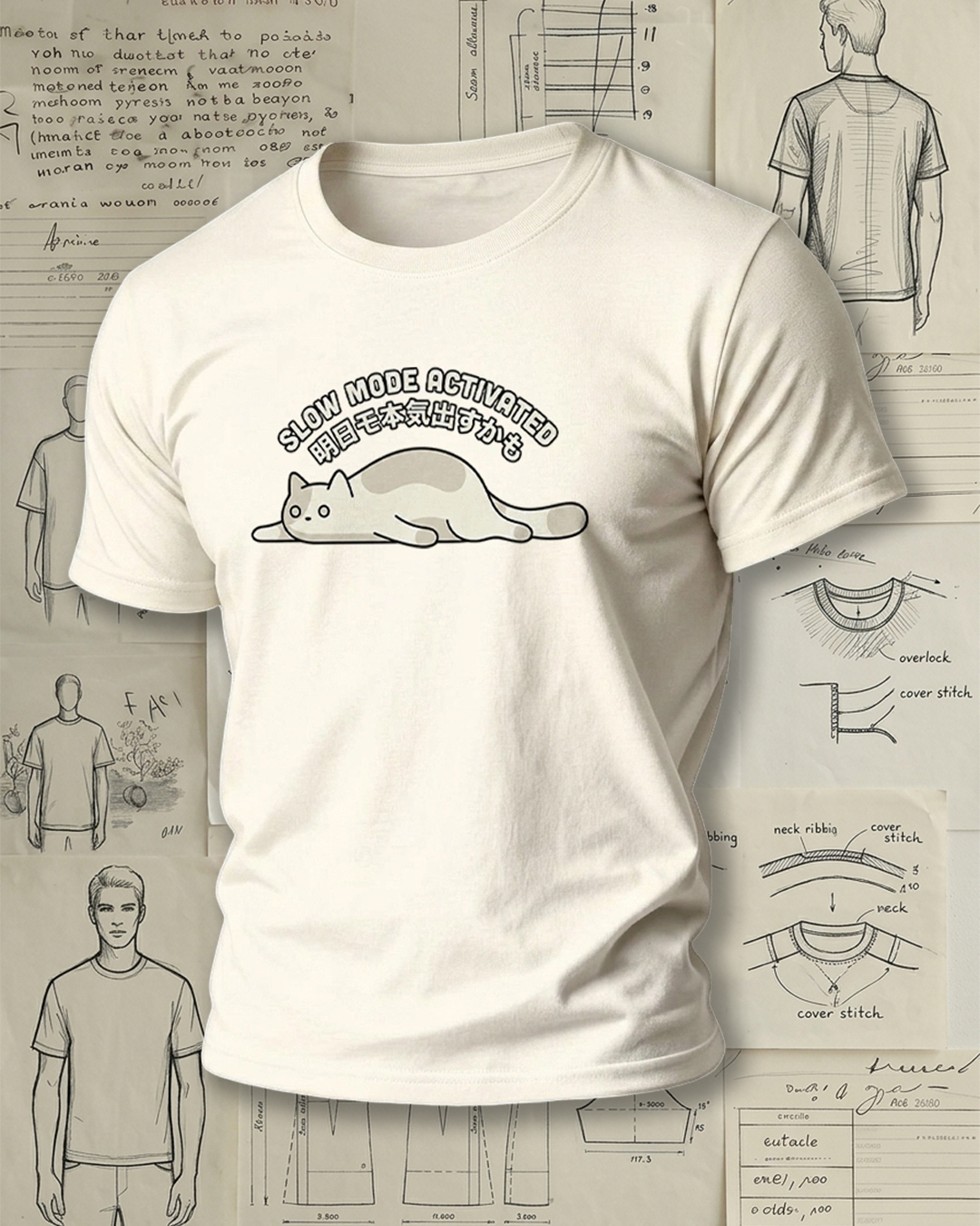 Lying Cat with Bilingual Print Retro Lazy Unisex T-Shirt