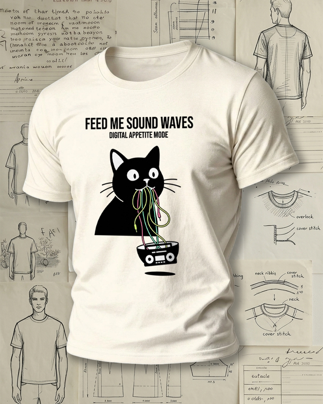 Black Cat Eating Radio Print Retro Cool Unisex T-Shirt