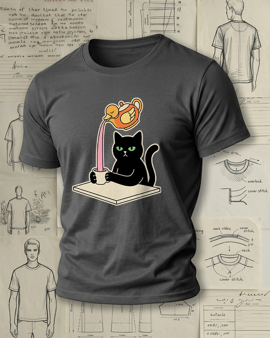 Black Cat Drinking Pink Liquid from Duck-Shaped Pot Print Retro Cute Unisex T-Shirt