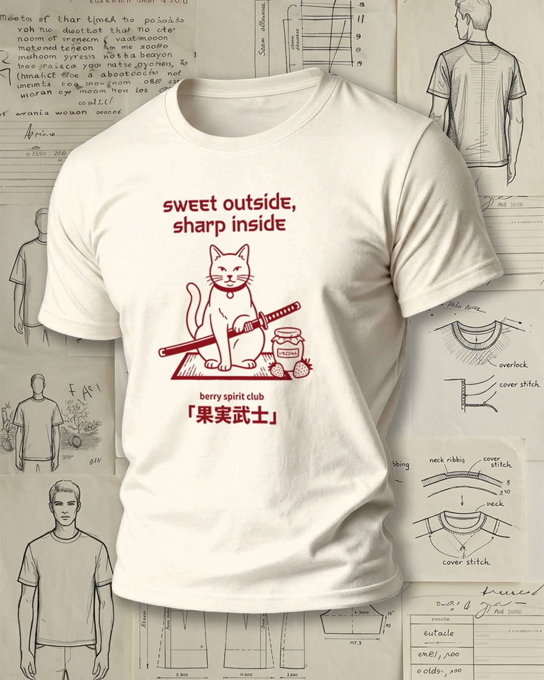 Samurai Cat with Sword and Berry Print Retro Cool Unisex T-Shirt