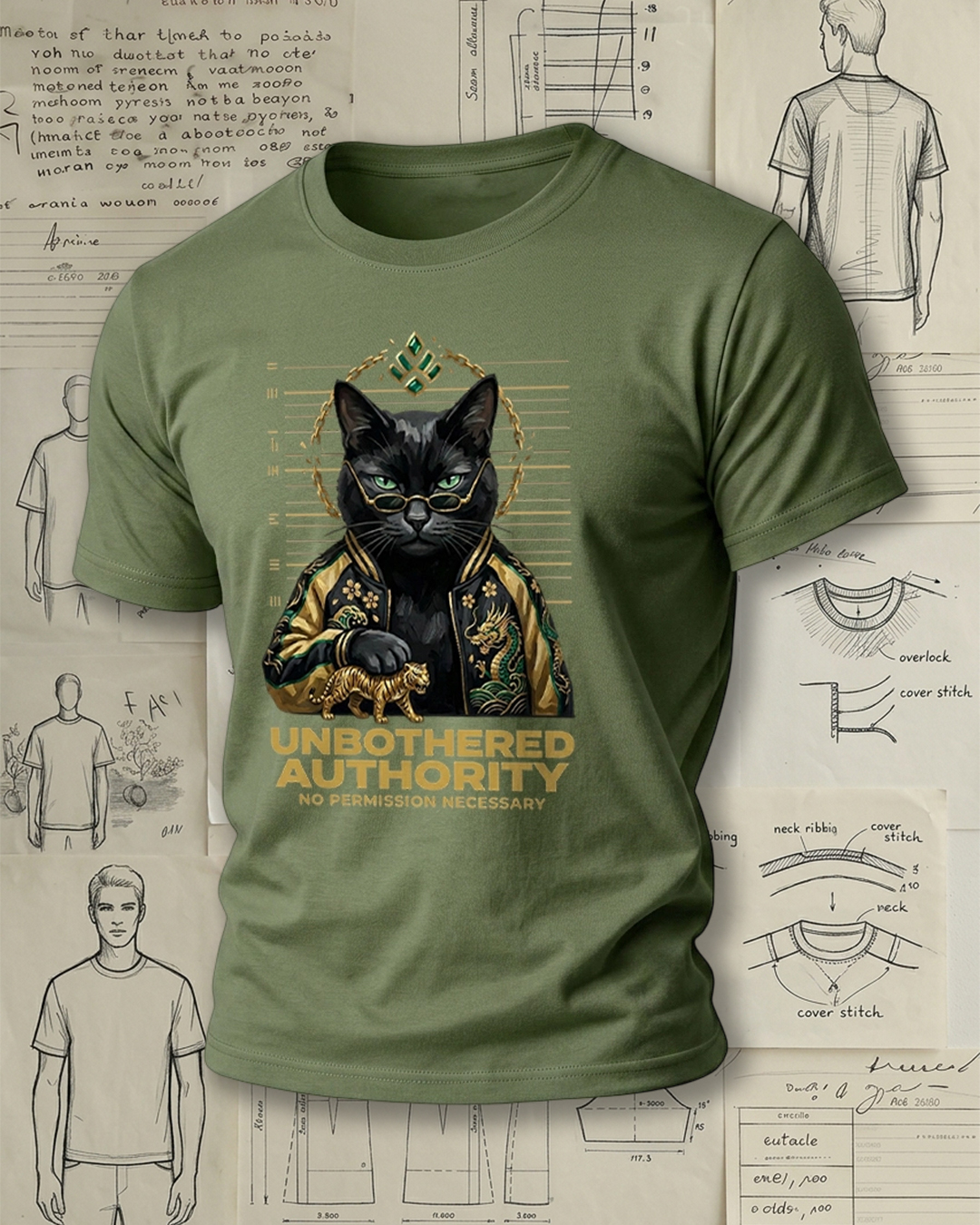 Black Cat Holding Tiger with Chinese Style Print Retro Cool Unisex T-Shirt