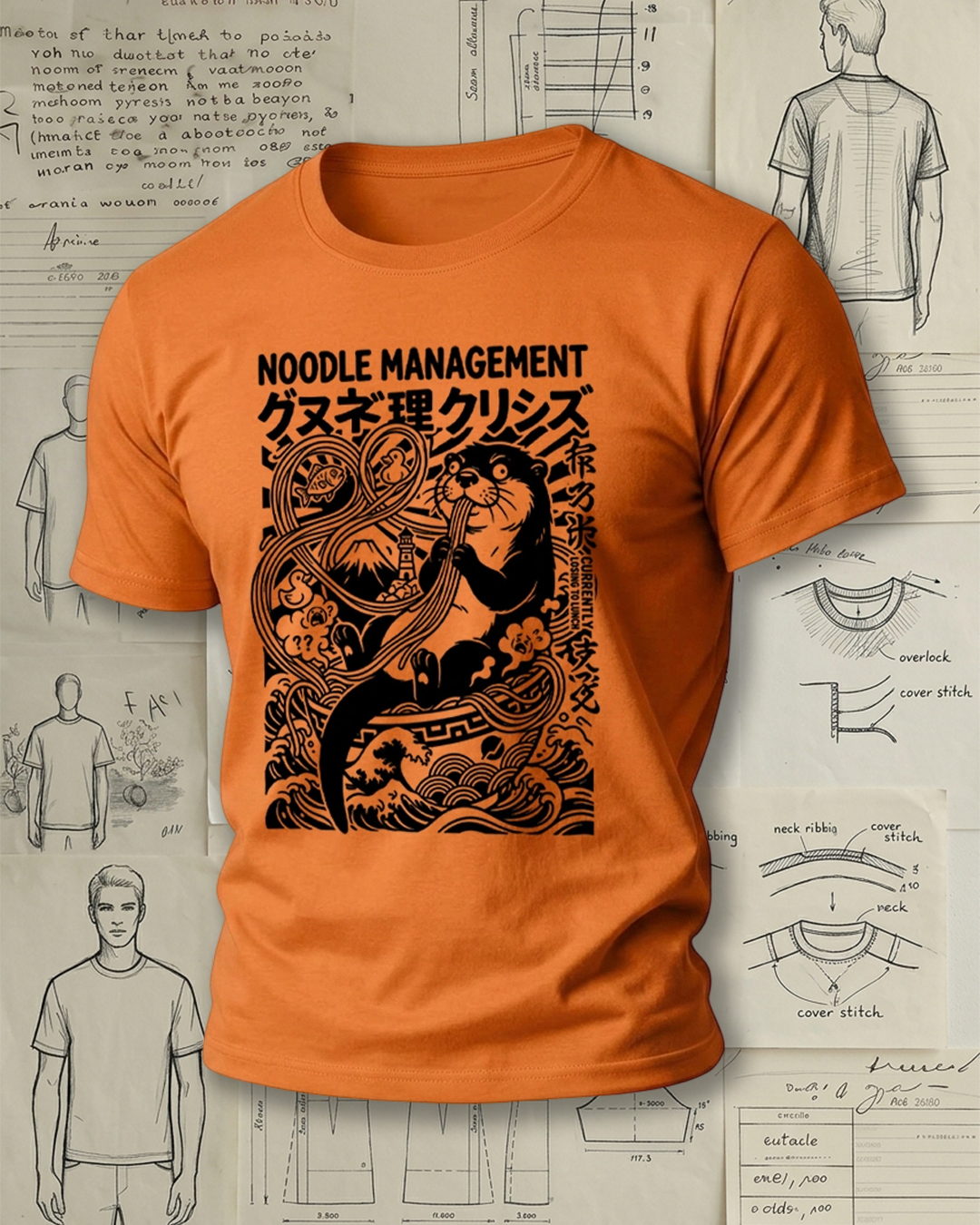 Smoking Otter Eating Noodles Print Street Cool Unisex T-Shirt