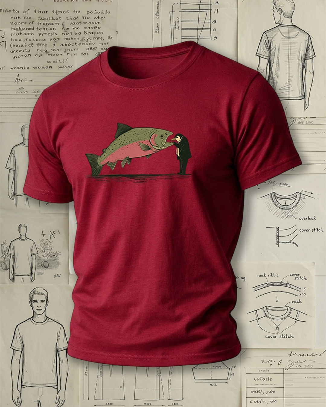 Suit Man Kissing Trout Print Retro Funny Unisex T-Shirt