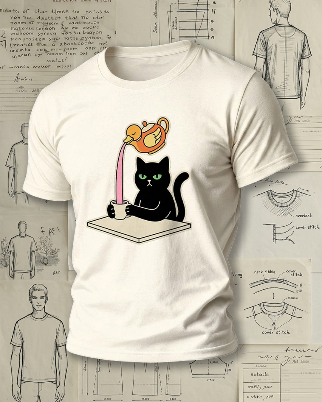 Black Cat Drinking Pink Liquid from Duck-Shaped Pot Print Retro Cute Unisex T-Shirt