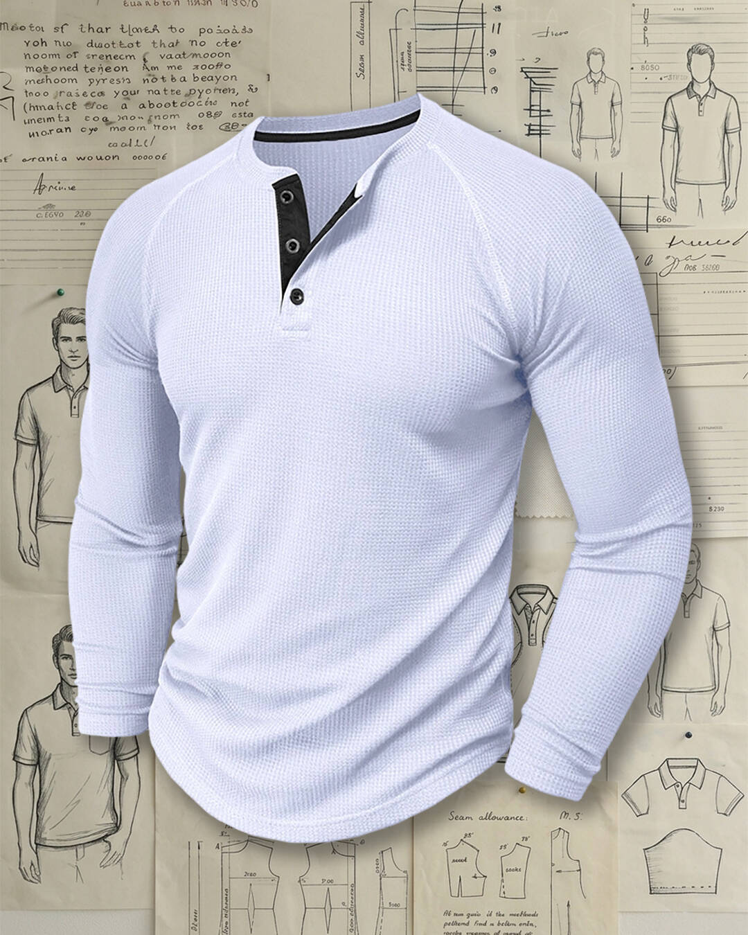 Men's White Waffle Raglan Sleeve Slim Fit Casual Henley Shirt