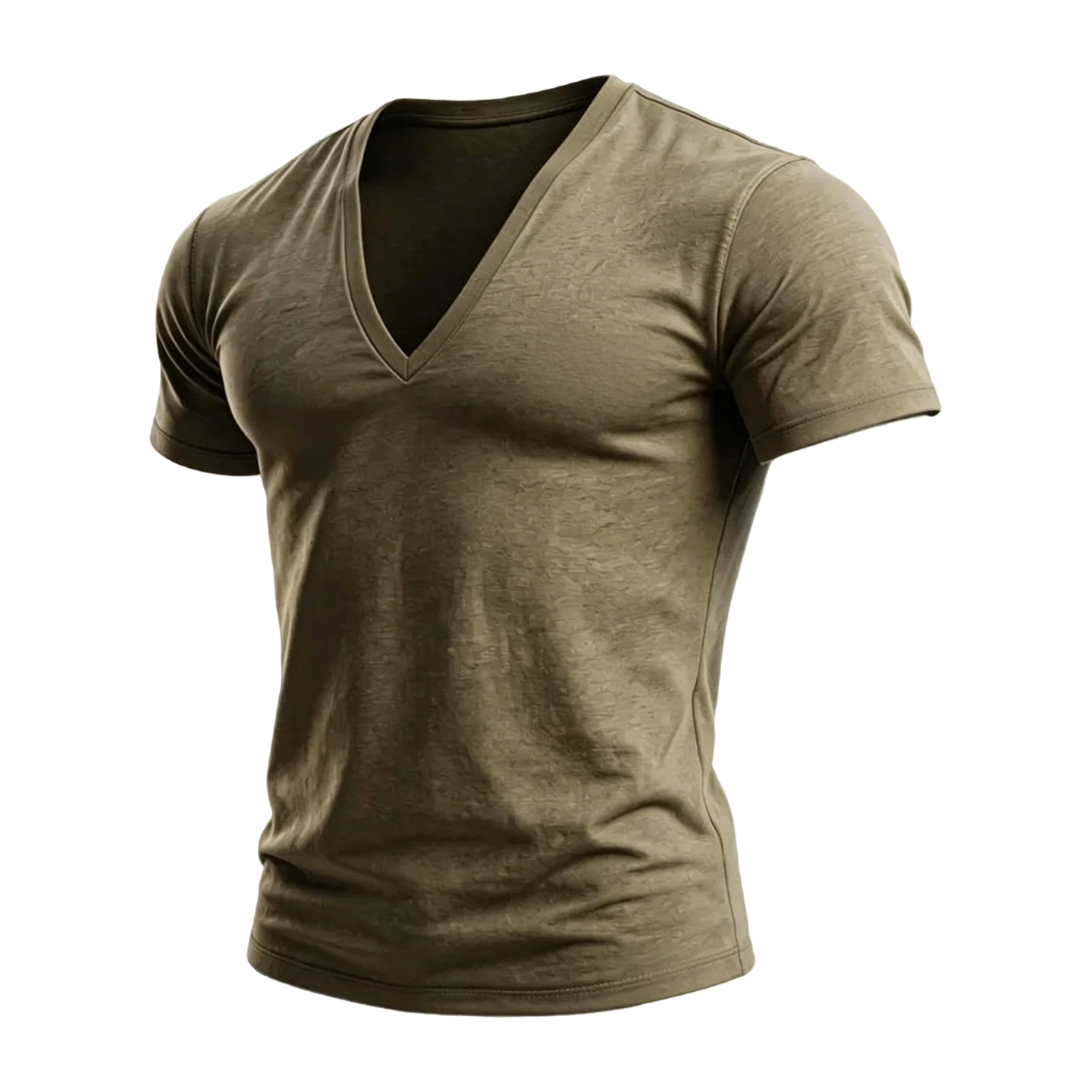 Olive Green Casual Deep V-Neck Short Sleeve T-Shirt