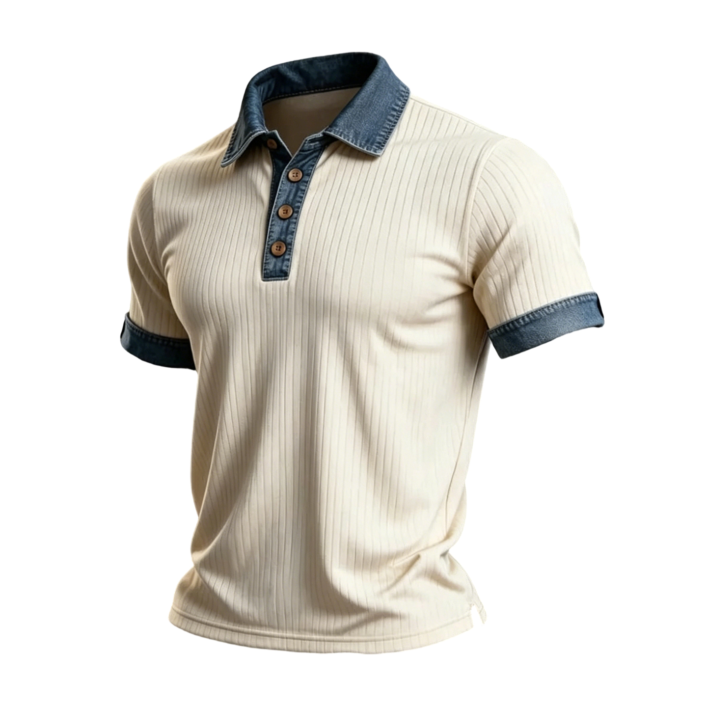 Men's Ribbed Knit Polo Shirt with Denim Collar & Cuffs
