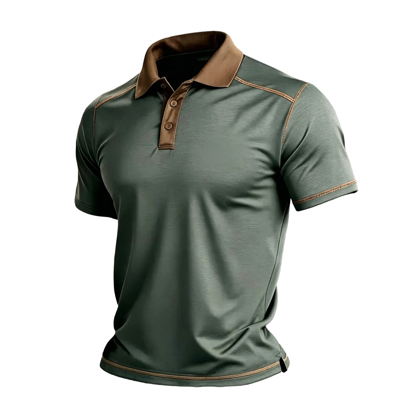 Minimalist Olive Polo with Brown Accent Stitching & Collar