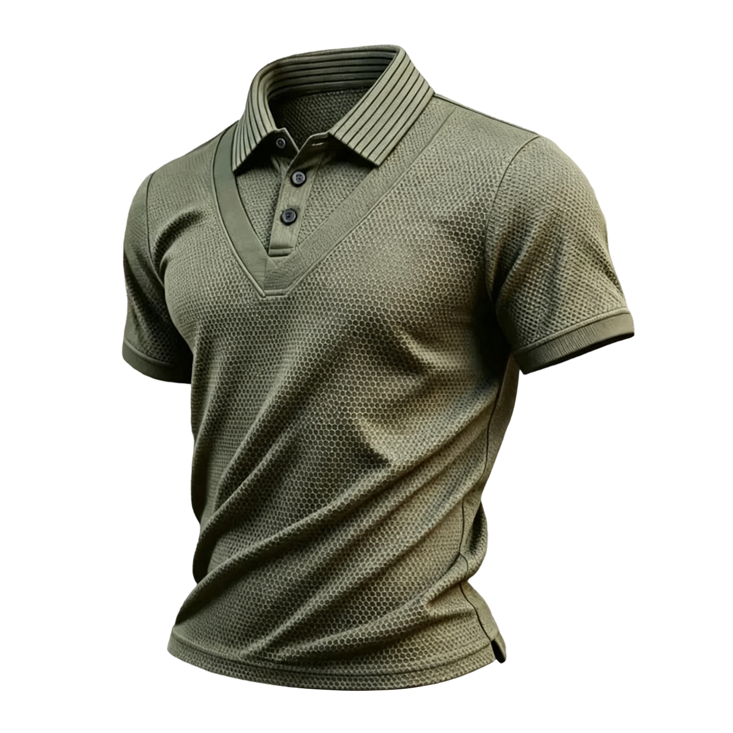 Slim Fit Olive Green Textured Polo with V-Neck Placket