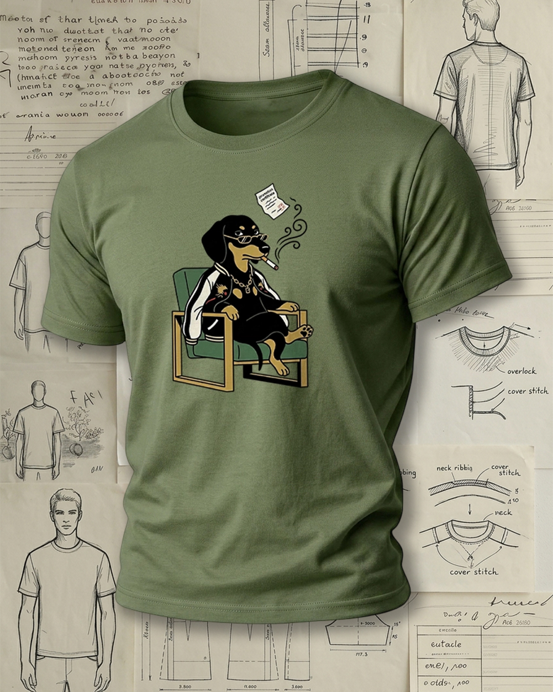 Smoking Dachshund on Armchair Print Retro Cool Unisex T-Shirt