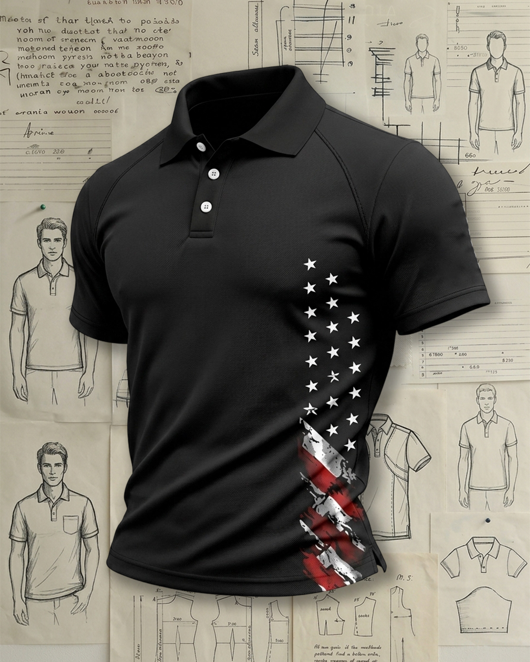Men's Black Red‑Stripe White‑Star Casual Polo Shirt