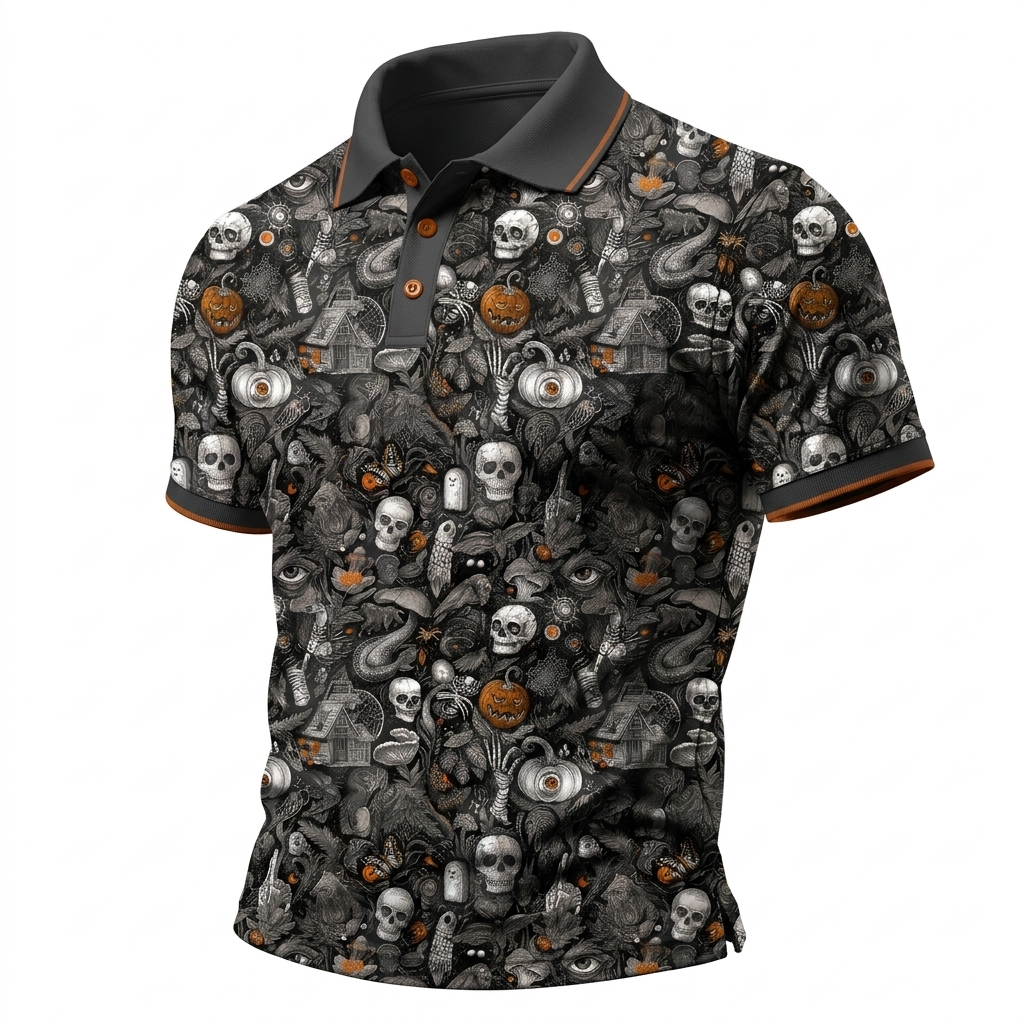 Vintage Gothic Skull & Pumpkin Polo