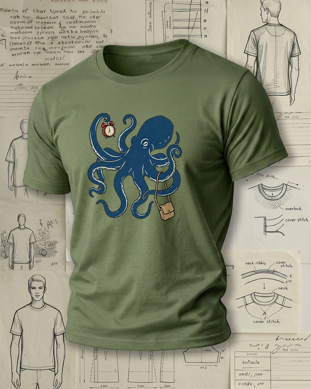 Octopus Carrying Bag and Holding Clock Print Retro Funny Unisex T-Shirt