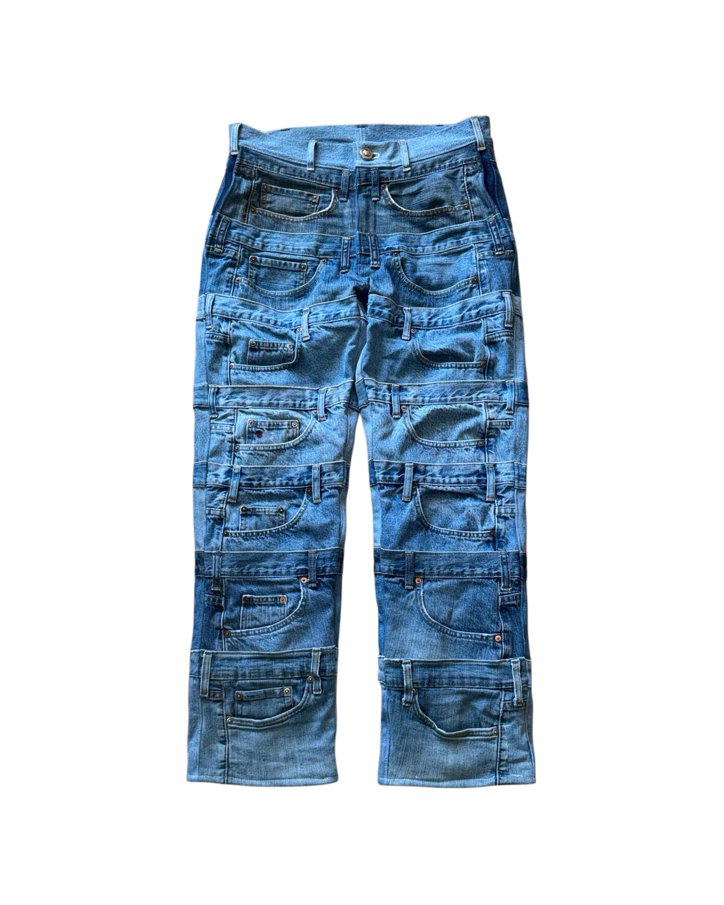 Men's retro multi-layer deconstructed multi-pocket patched washed straight-leg denim pants