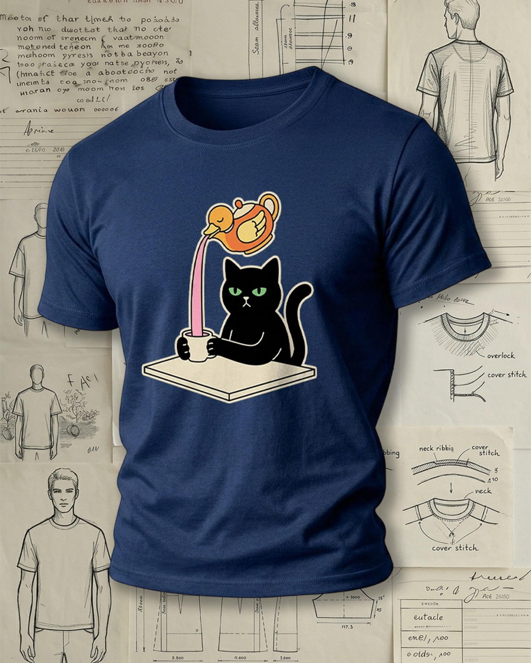 Black Cat Drinking Pink Liquid from Duck-Shaped Pot Print Retro Cute Unisex T-Shirt