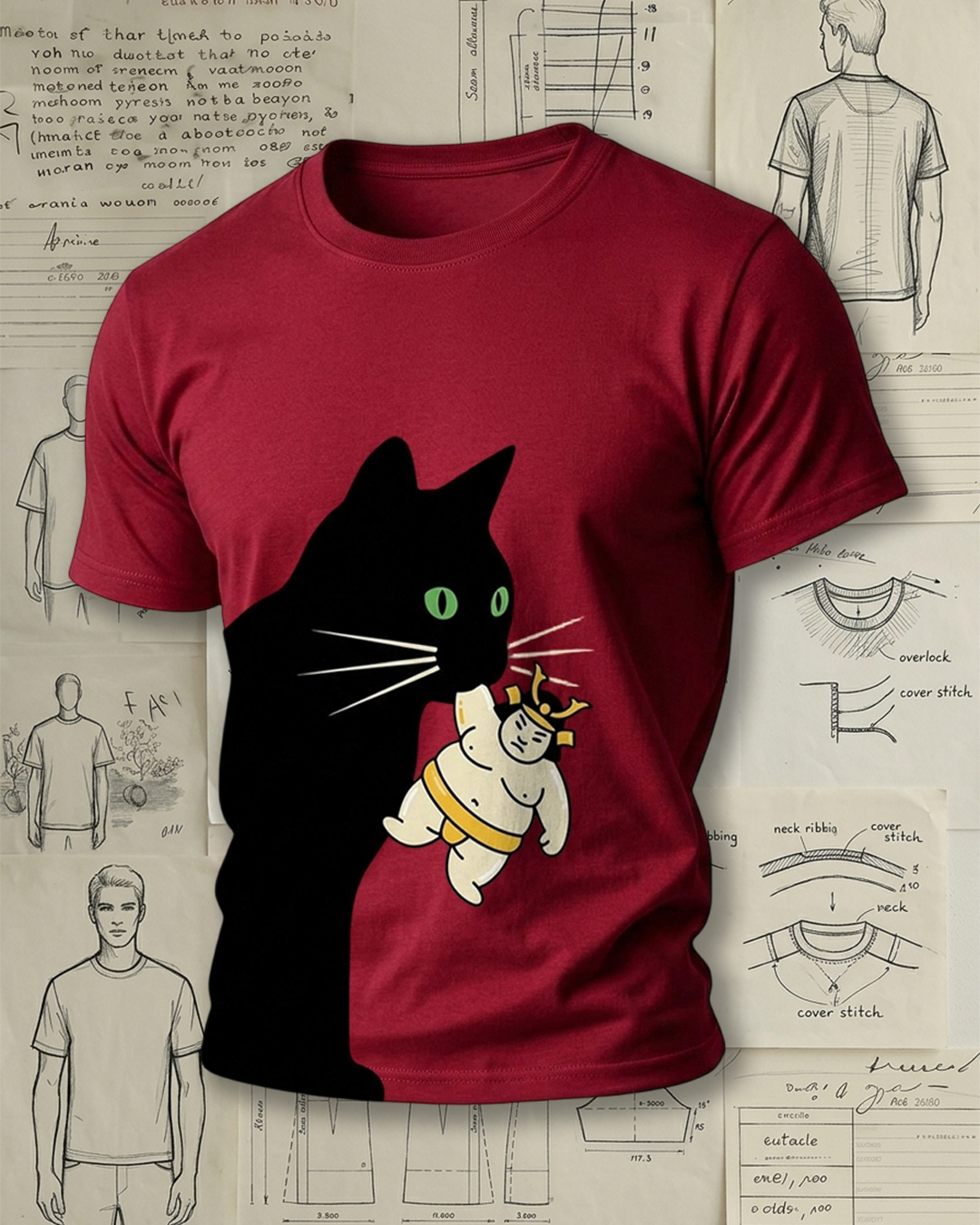Black Cat Holding Sumo Wrestler Print Retro Funny Unisex T-Shirt