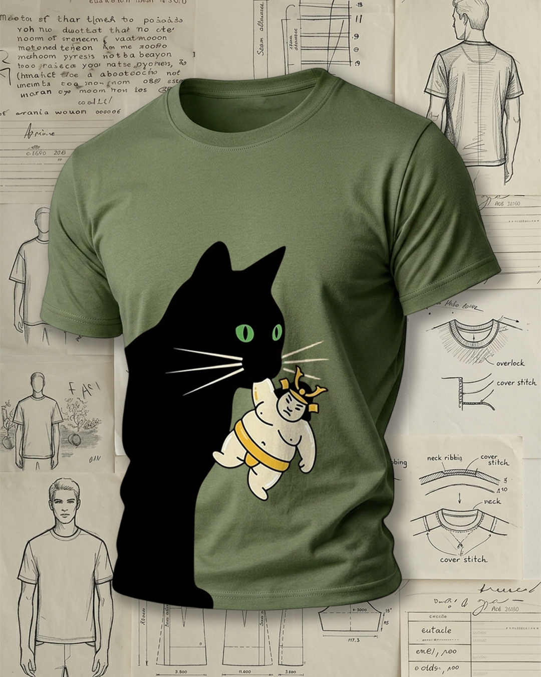 Black Cat Holding Sumo Wrestler Print Retro Funny Unisex T-Shirt