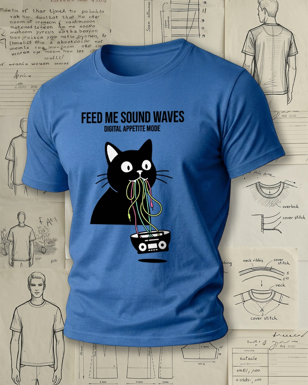 Black Cat Eating Radio Print Retro Cool Unisex T-Shirt