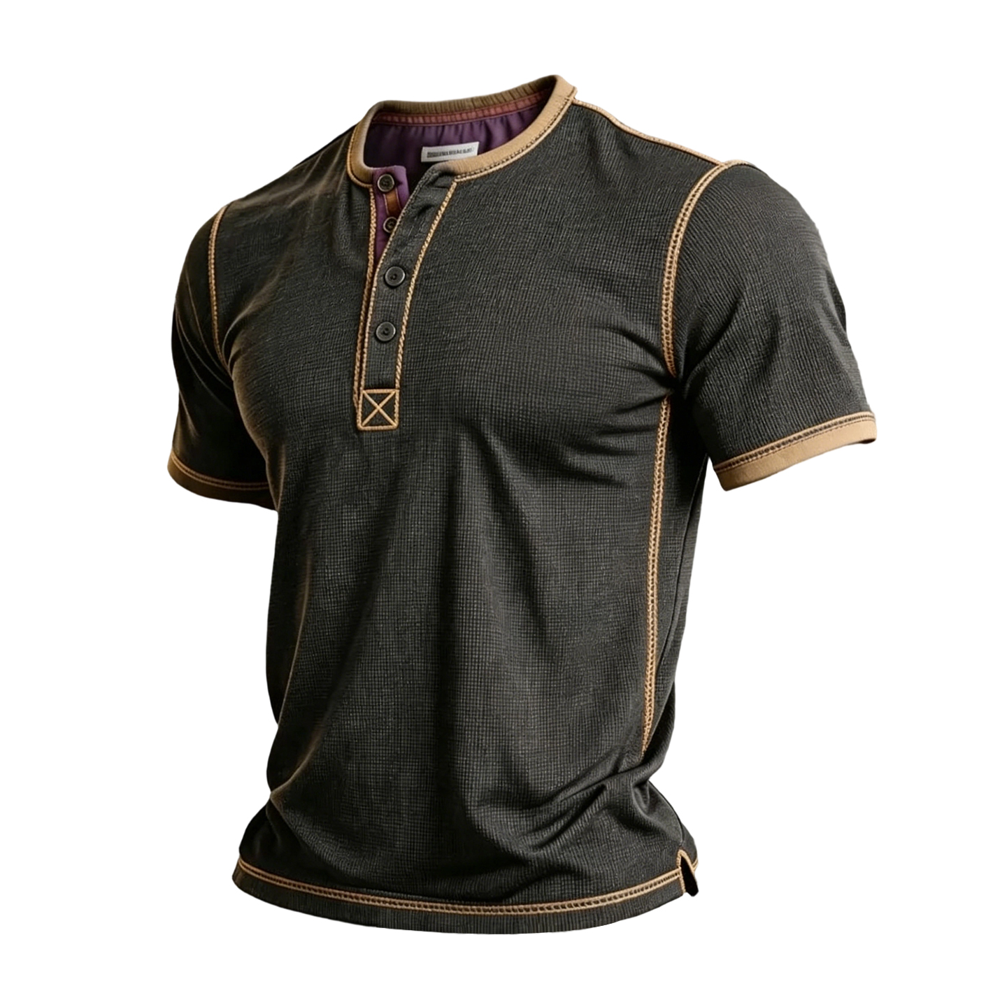 Men's Dark Gray Waffle Knit Henley with Tan Contrast Stitching