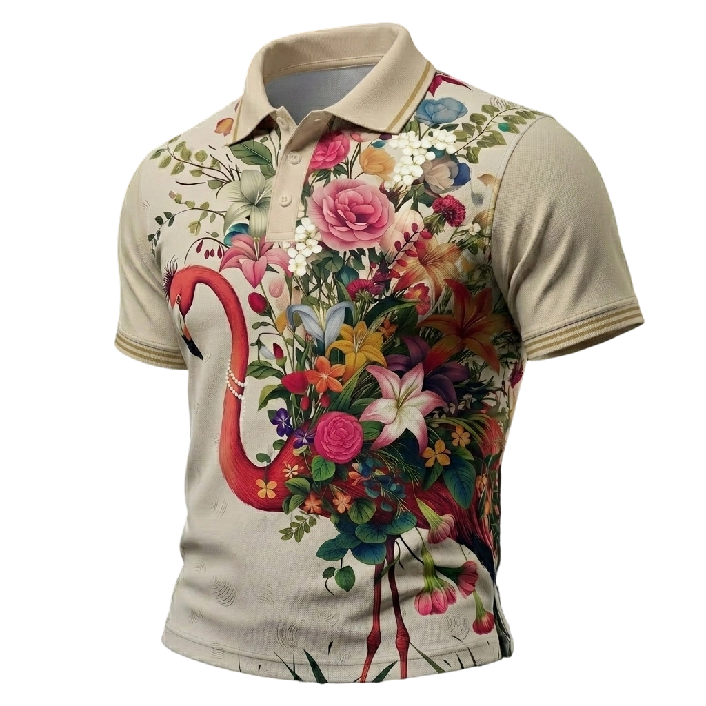 Men’s Flamingo & Floral Print Polo Shirt