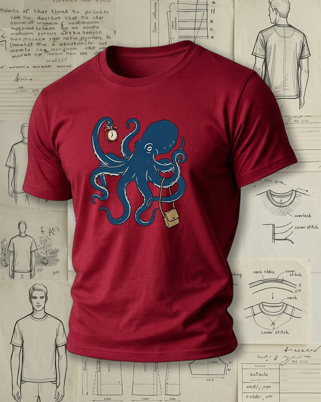 Octopus Carrying Bag and Holding Clock Print Retro Funny Unisex T-Shirt