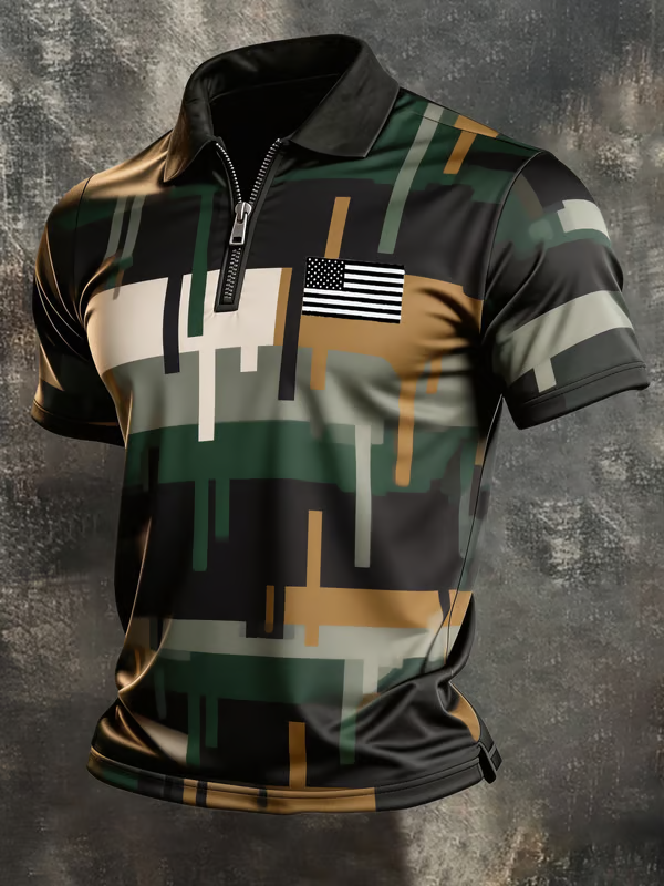 Men's Retro "Patriot" Color-Block Short-Sleeve Half-Zip Polo Shirt