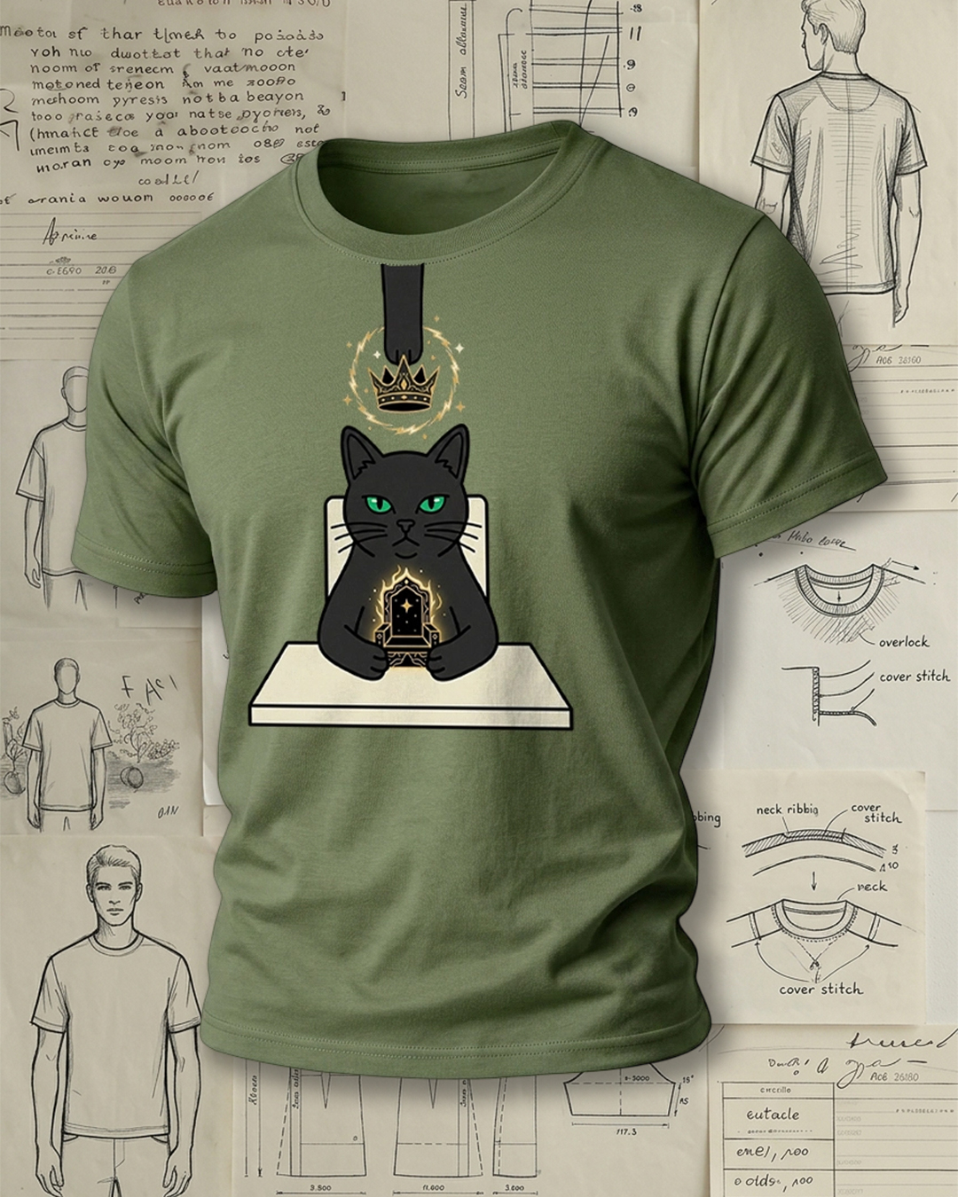 Black Cat Holding Throne with Crown Print Retro Cool Unisex T-Shirt