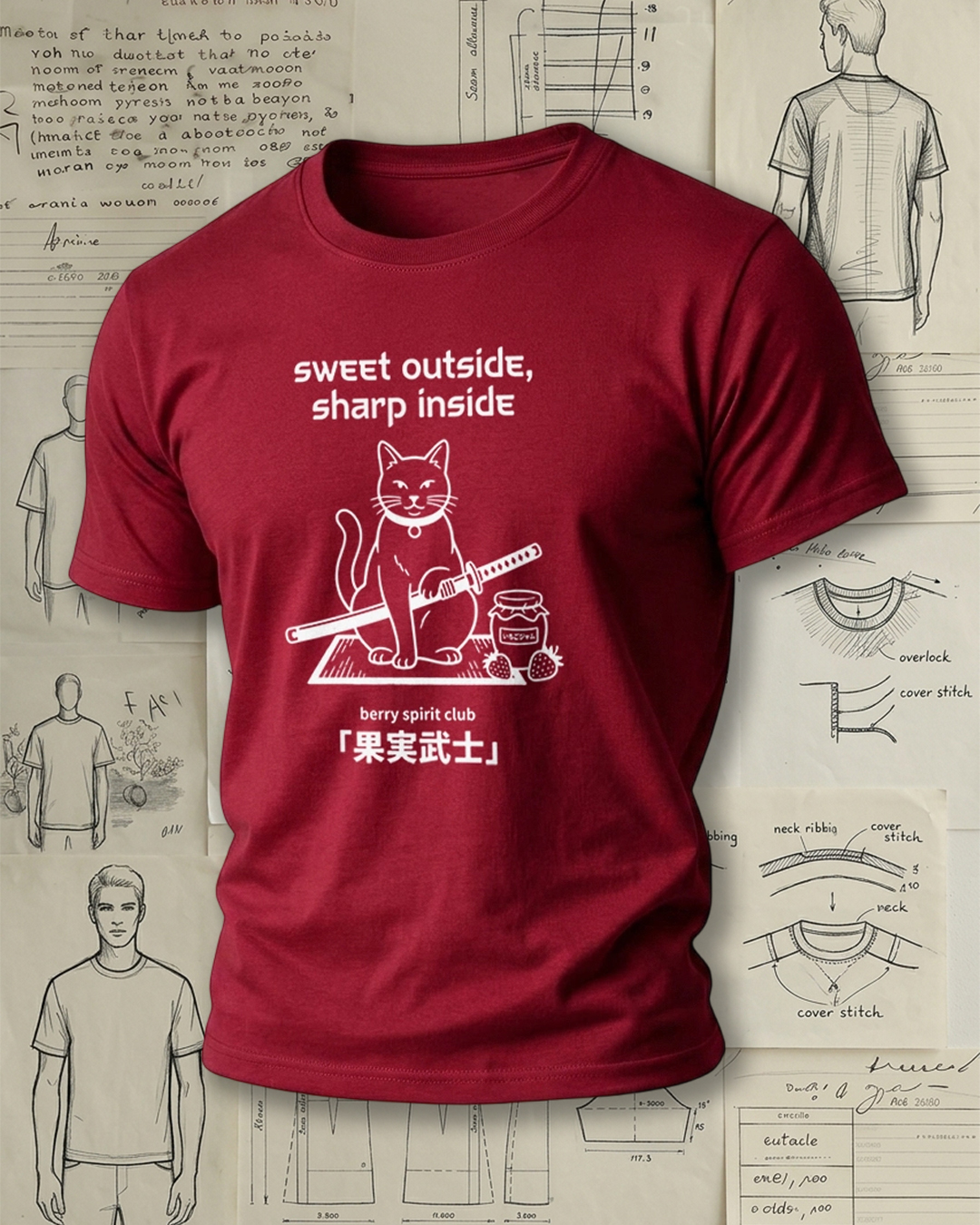 Samurai Cat with Sword and Berry Print Retro Cool Unisex T-Shirt