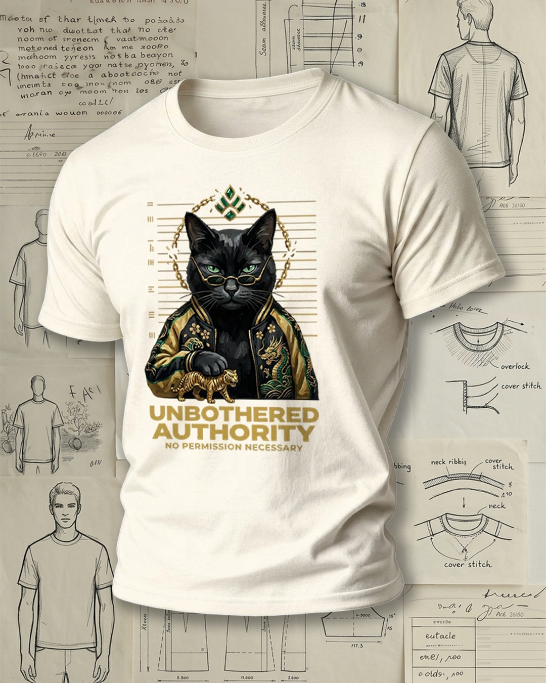 Black Cat Holding Tiger with Chinese Style Print Retro Cool Unisex T-Shirt