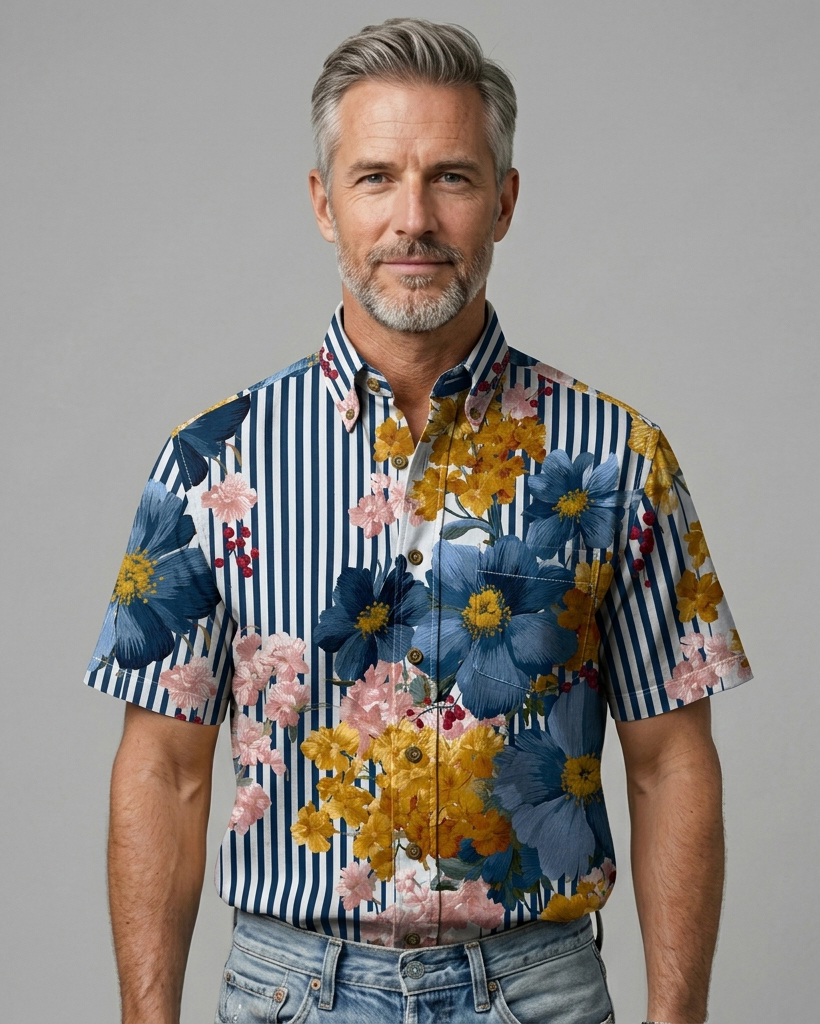 Men's Blue-White Striped Floral Patchwork Print Short Sleeve Turn-Down Collar Casual Shirt