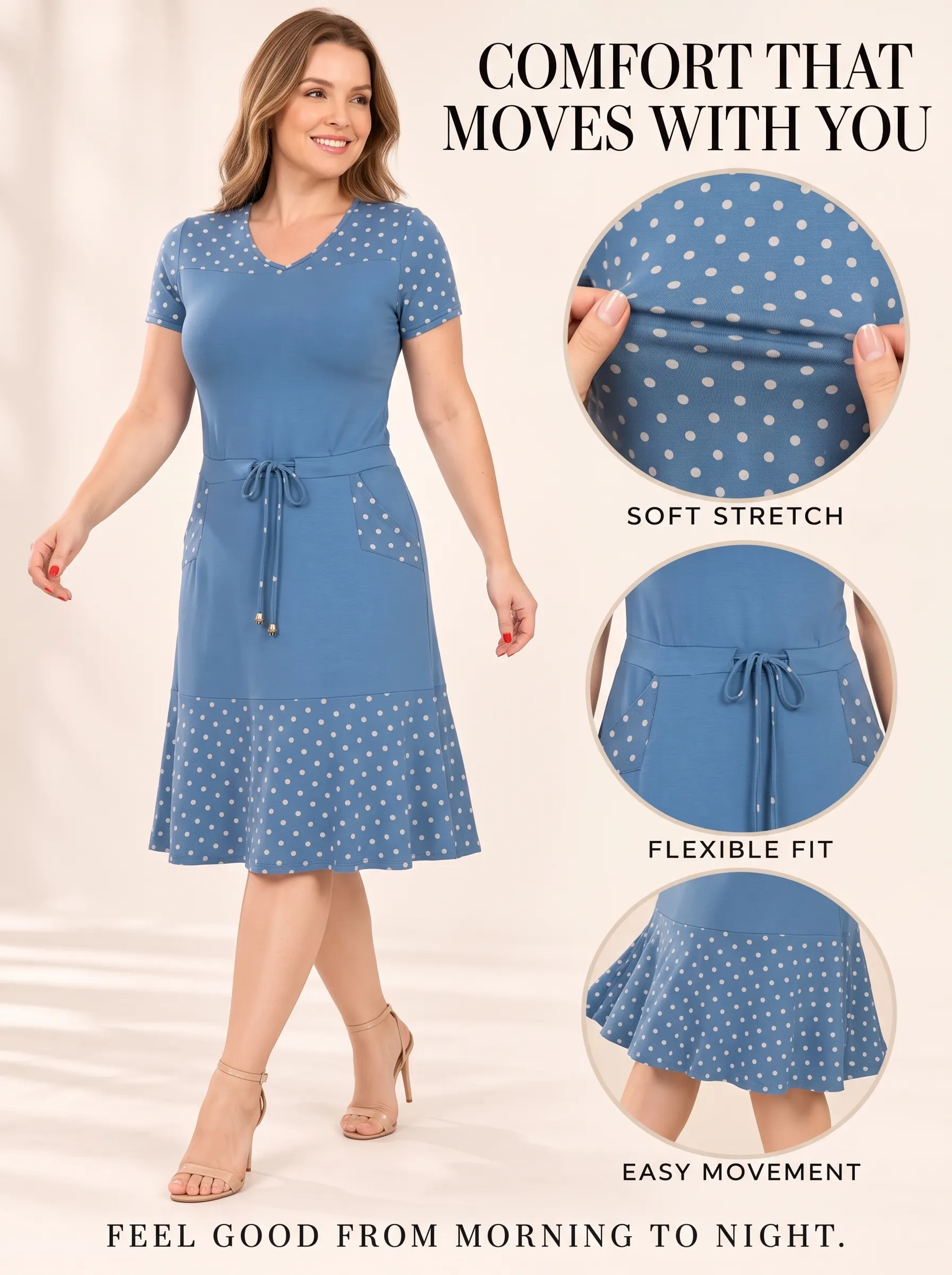 Women's Vintage V Neck Polka Dot Panel Short Sleeve Tie Waist Pocket Swing Midi Dress