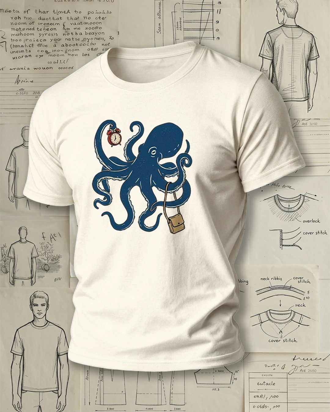 Octopus Carrying Bag and Holding Clock Print Retro Funny Unisex T-Shirt