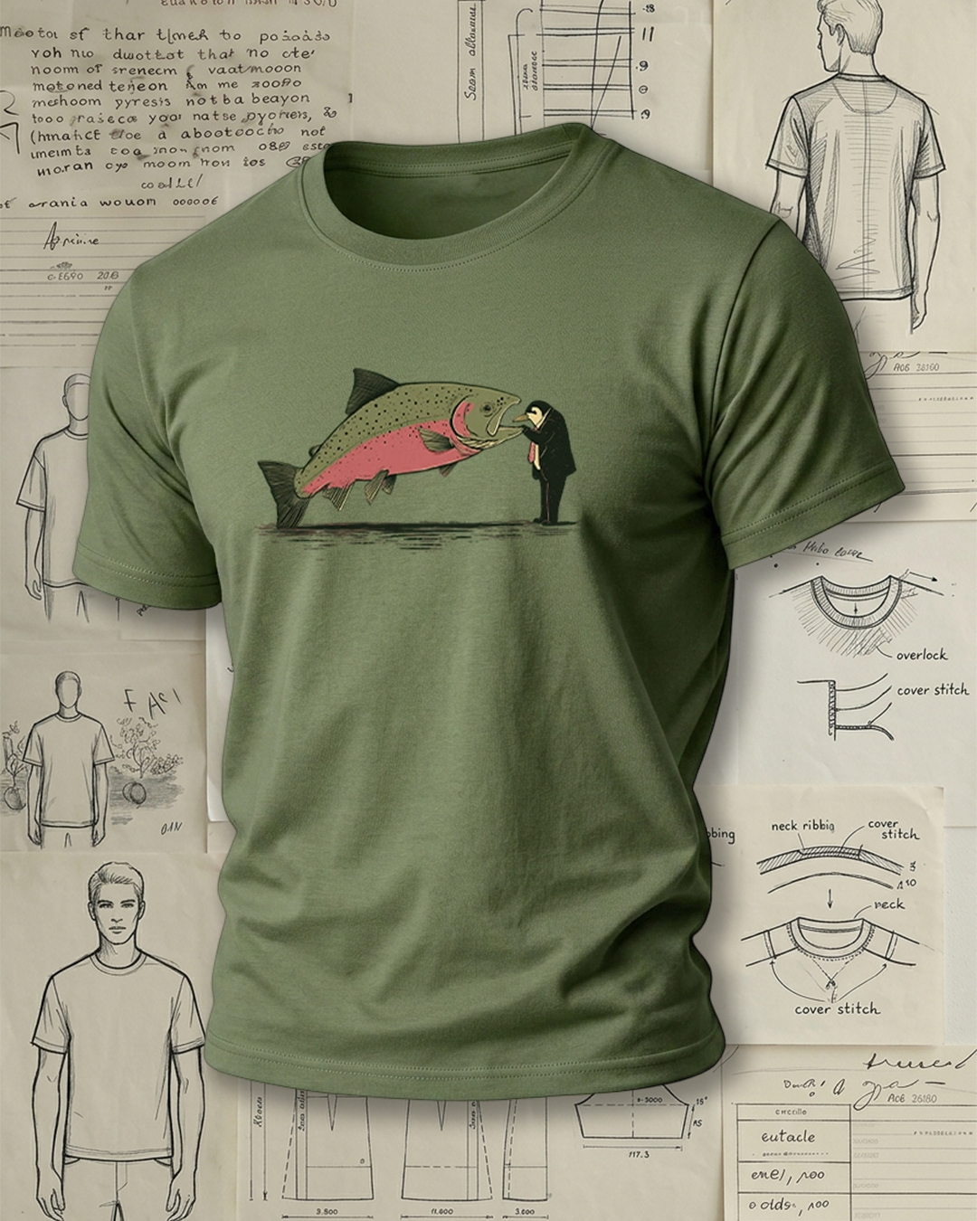 Suit Man Kissing Trout Print Retro Funny Unisex T-Shirt