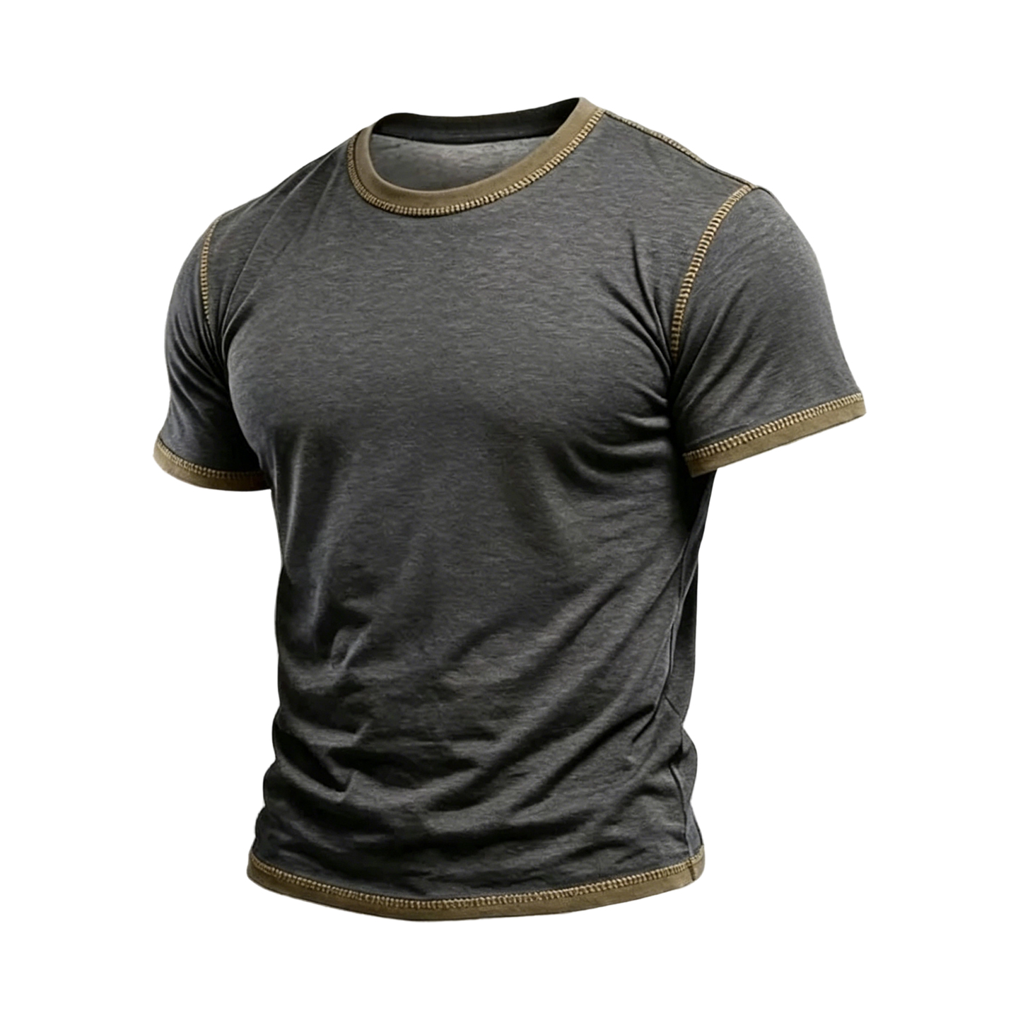 Men's Dark Gray Crew Neck T-Shirt with Tan Contrast Stitching