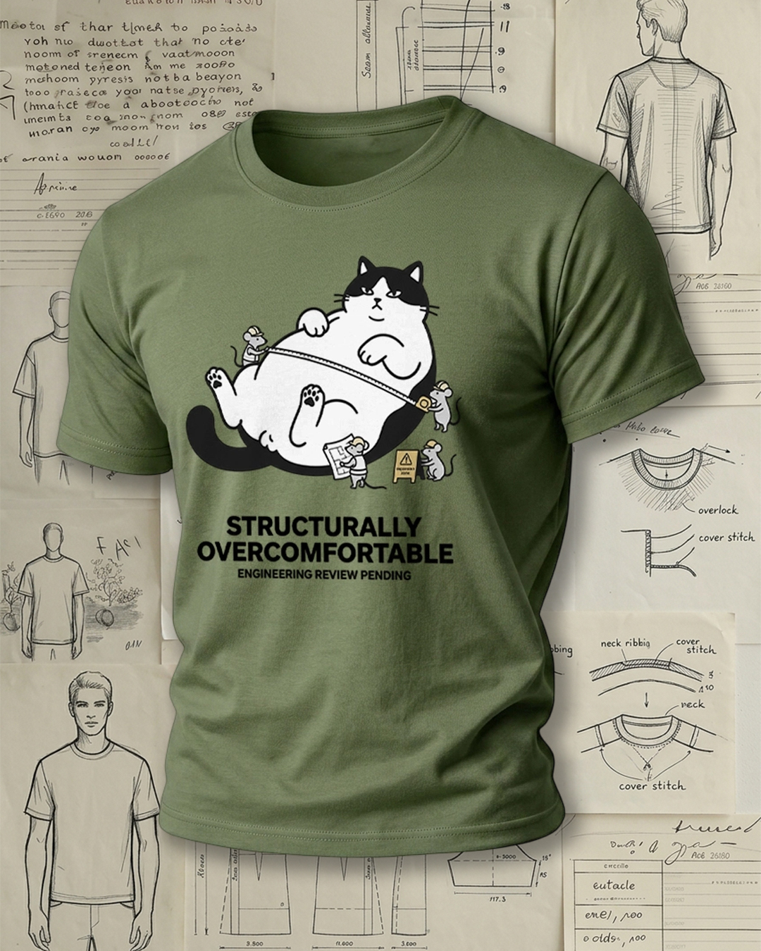 Fat Cat Lying Flat Engineering Meme Print Retro Funny Unisex T-Shirt