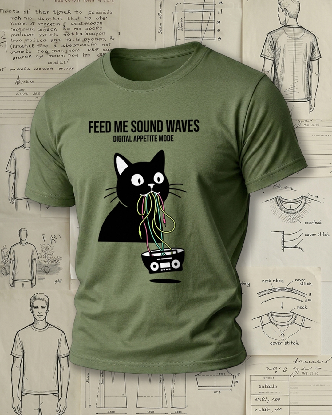 Black Cat Eating Radio Print Retro Cool Unisex T-Shirt