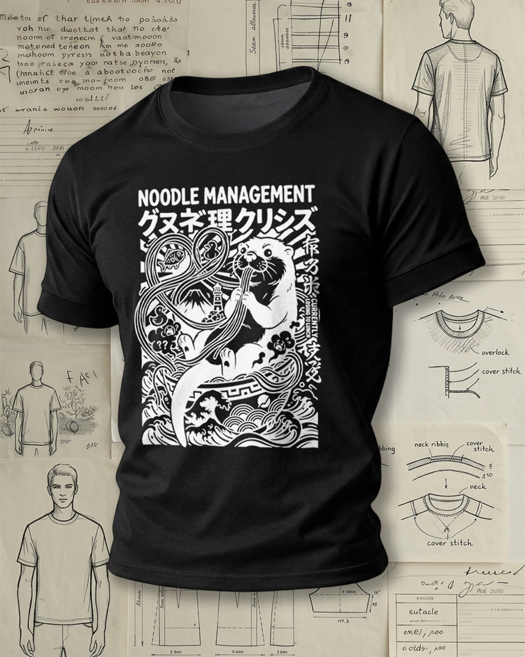 Smoking Otter Eating Noodles Print Street Cool Unisex T-Shirt