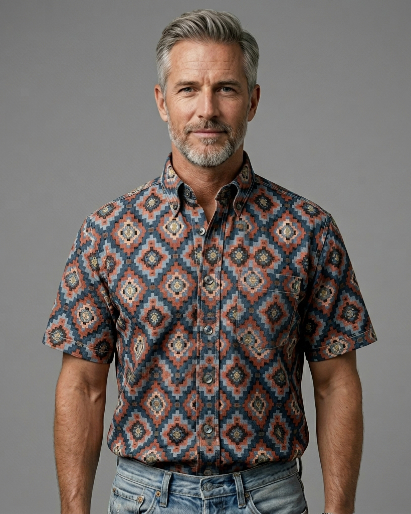 Men's Dark Gray Base Brown-Blue Diamond Ethnic Print Short Sleeve Turn-Down Collar Casual Shirt