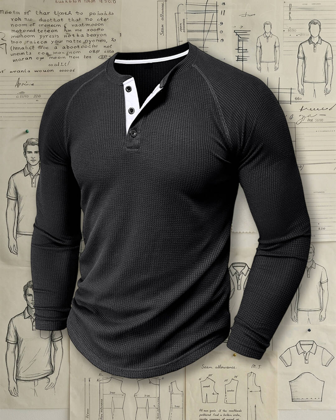 Men's Black Waffle Raglan Sleeve Slim Fit Casual Henley Shirt