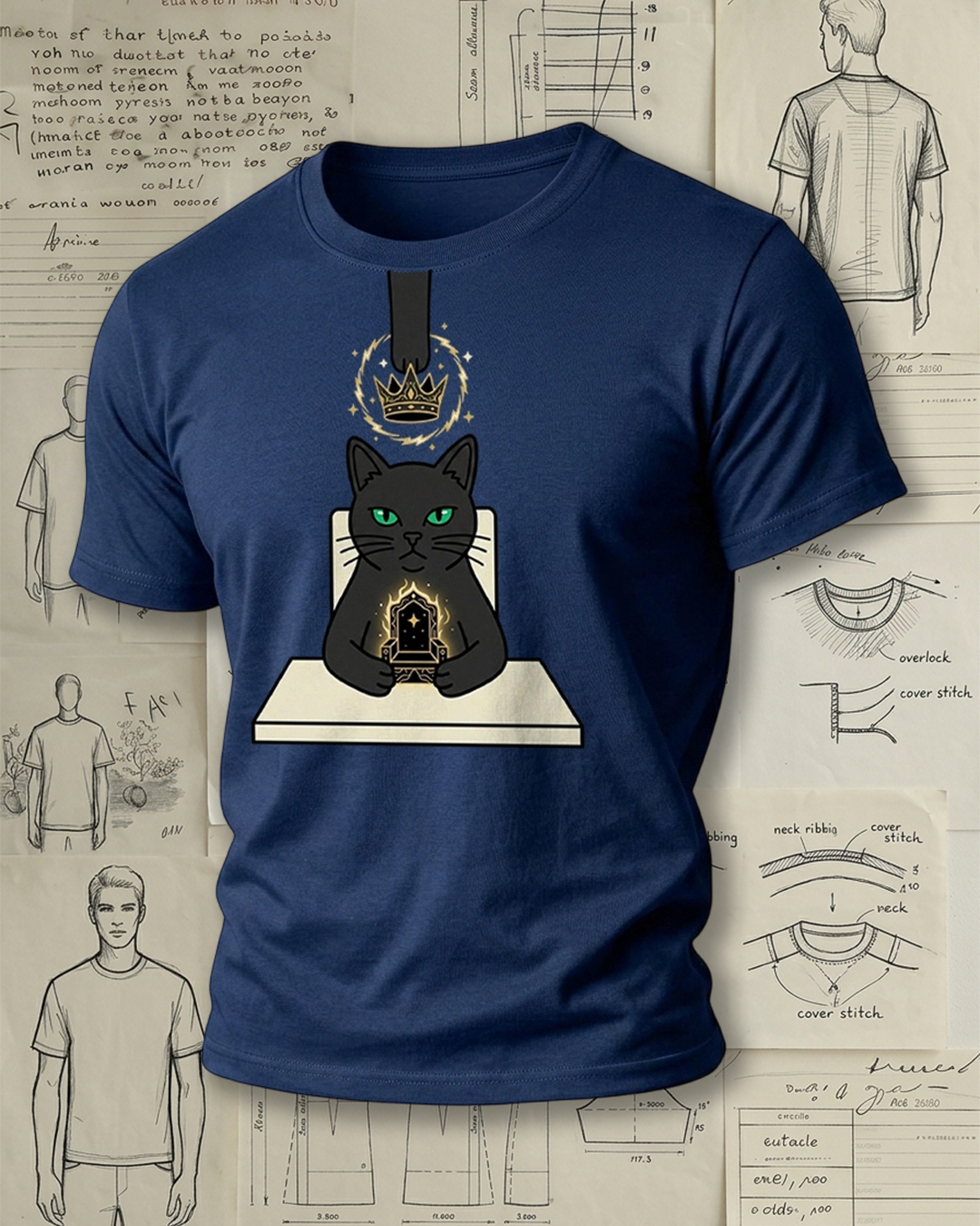 Black Cat Holding Throne with Crown Print Retro Cool Unisex T-Shirt
