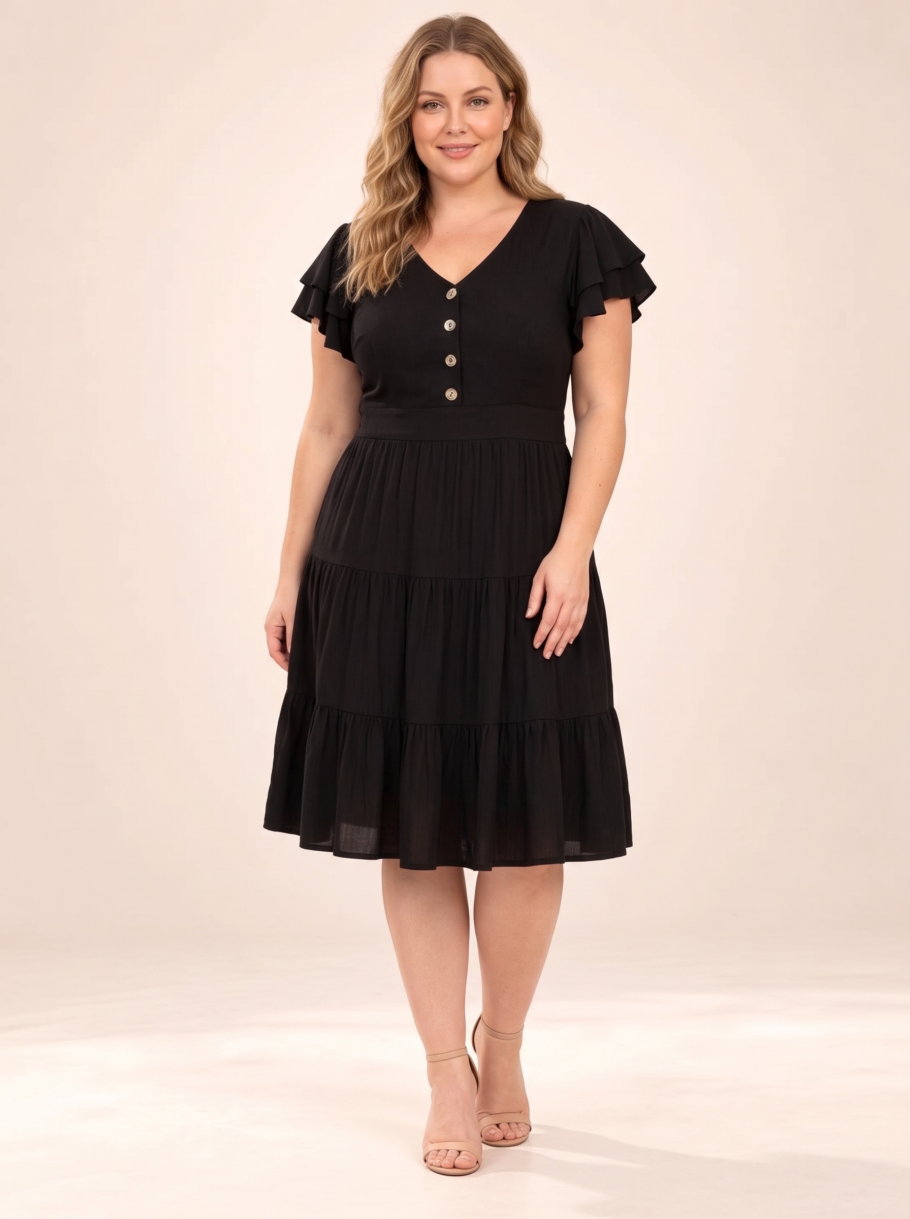 Everyday Button-Front Tiered Midi Dress
