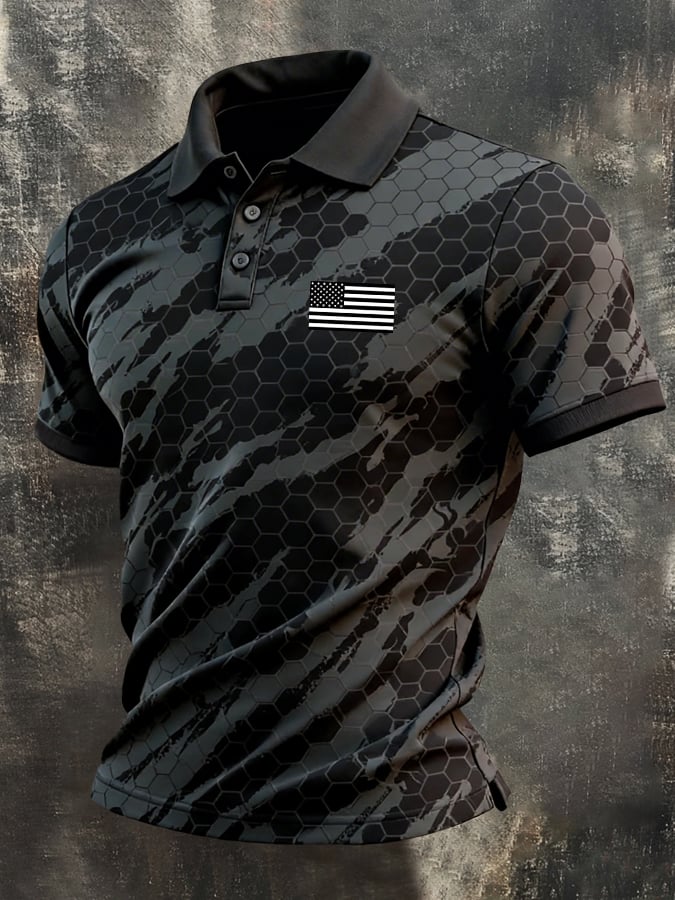 Men's Retro Patriotic Color-Block Short-Sleeve Polo Shirt