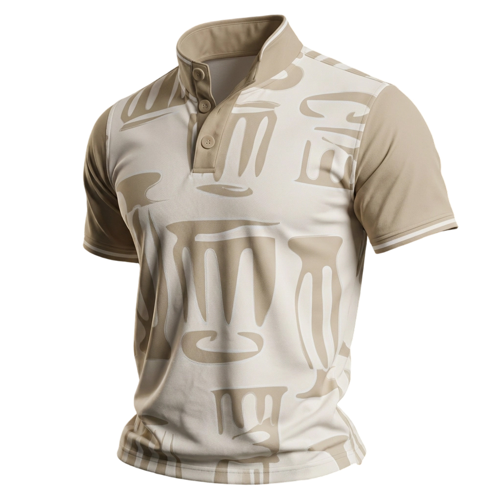 Beige Stand Collar Modern Art Print Polo