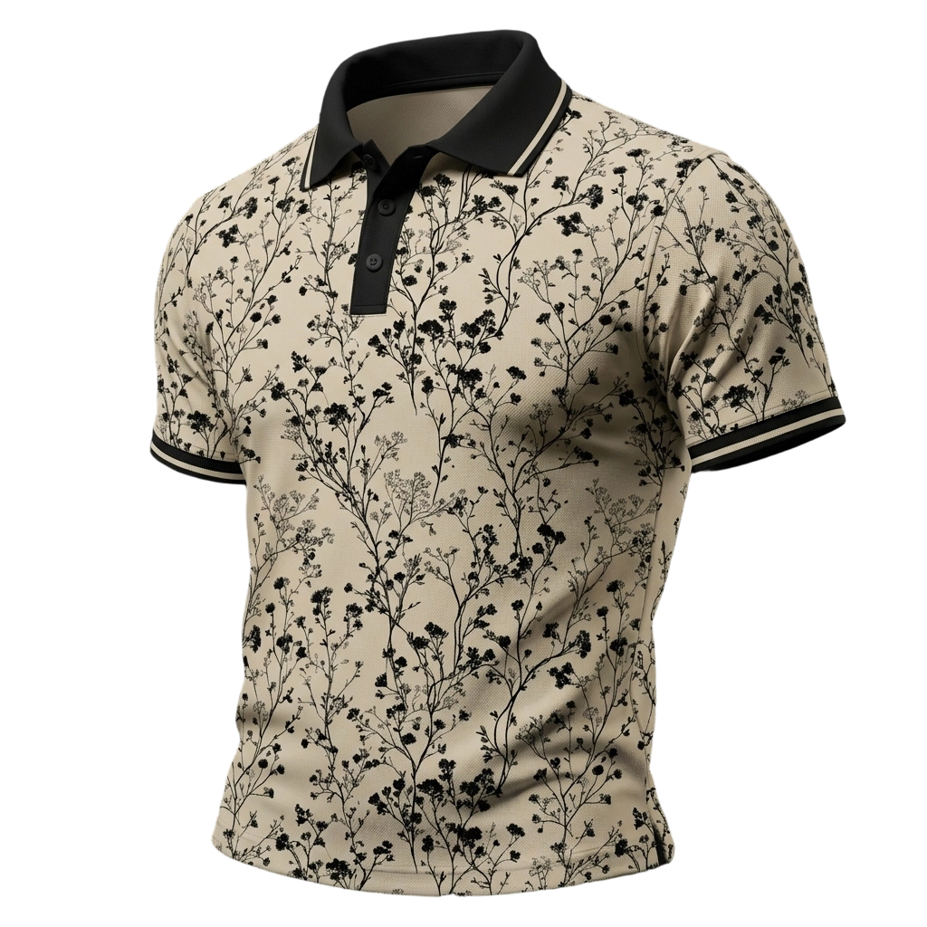 Men’s Black Floral Print Short Sleeve Polo Shirt